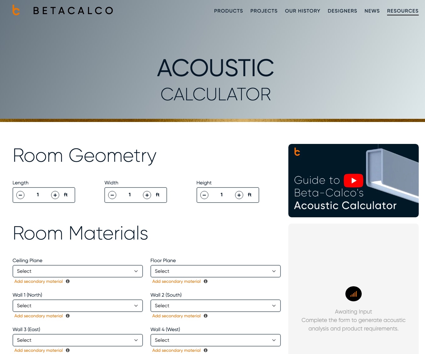 The public Acoustic Calculator — Room Geometry, the six surface dropdowns, the video guide, and the Awaiting Input results panel
