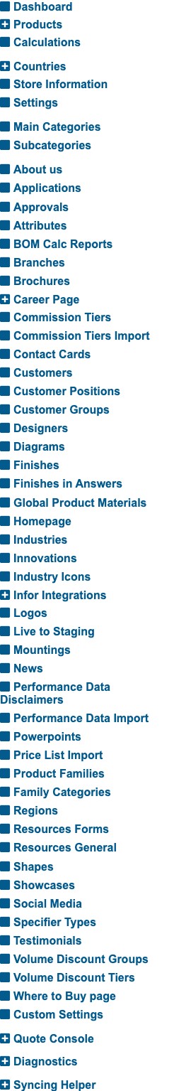 The full admin menu, from Dashboard down to Syncing Helper. The + entries are expandable groups.