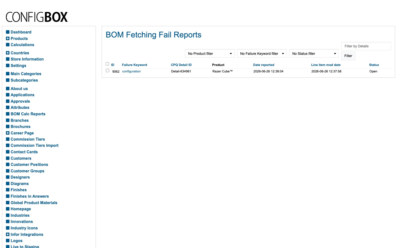 The BOM Fetching Fail Reports list — the three filter dropdowns, the free-text Details box, and one open failure