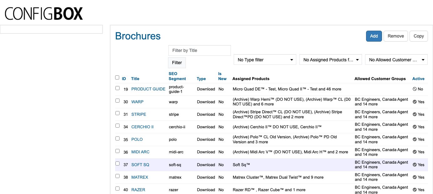 The Brochures list — Type, Assigned Products, Allowed Customer Groups and Active at a glance