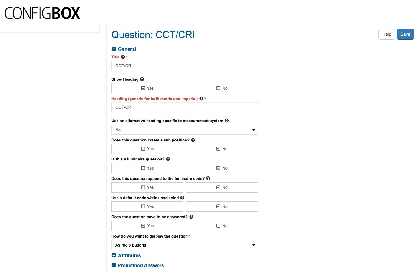 A configurator question — the behaviour switches, and the Predefined Answers grid with each answer's SKU and rule