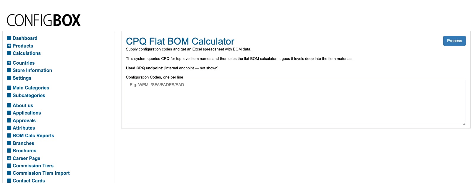 The CPQ Flat BOM Calculator — the configuration-code box and the Process button