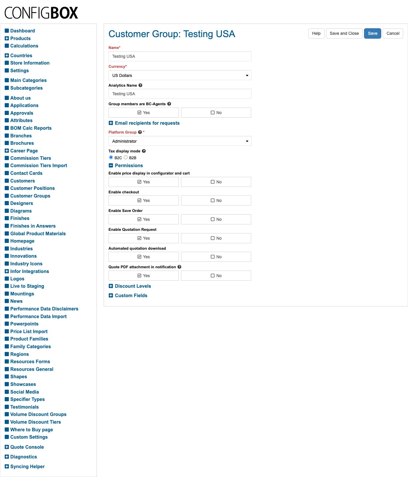 A customer group — name, currency, agent flag, and the permissions block