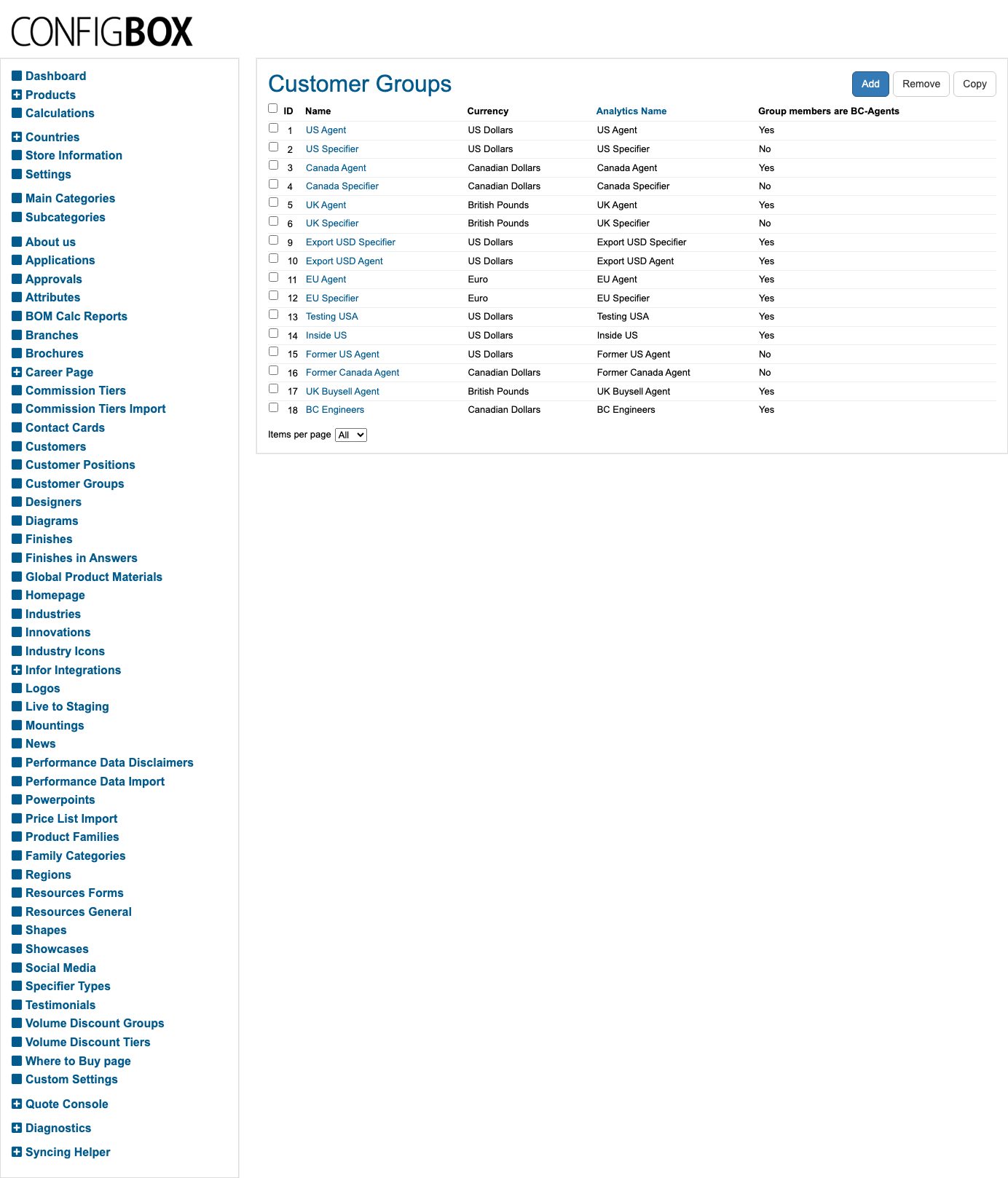 The Customer Groups list — one row per group, each with its currency