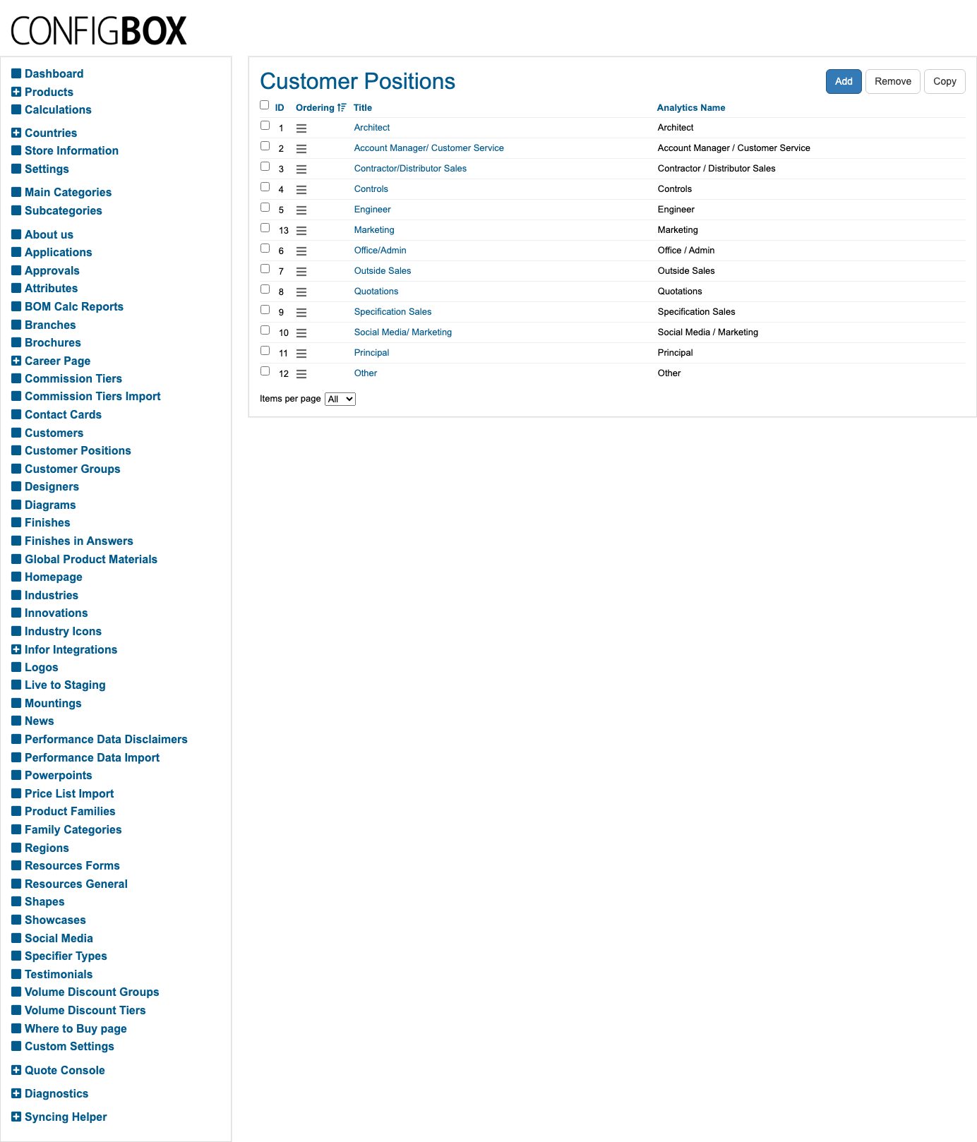The Customer Positions list — the job roles offered on a customer record