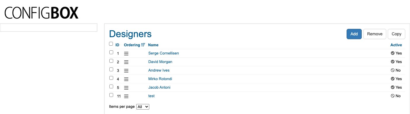 The Designers list — name, Active, and the drag handle for ordering