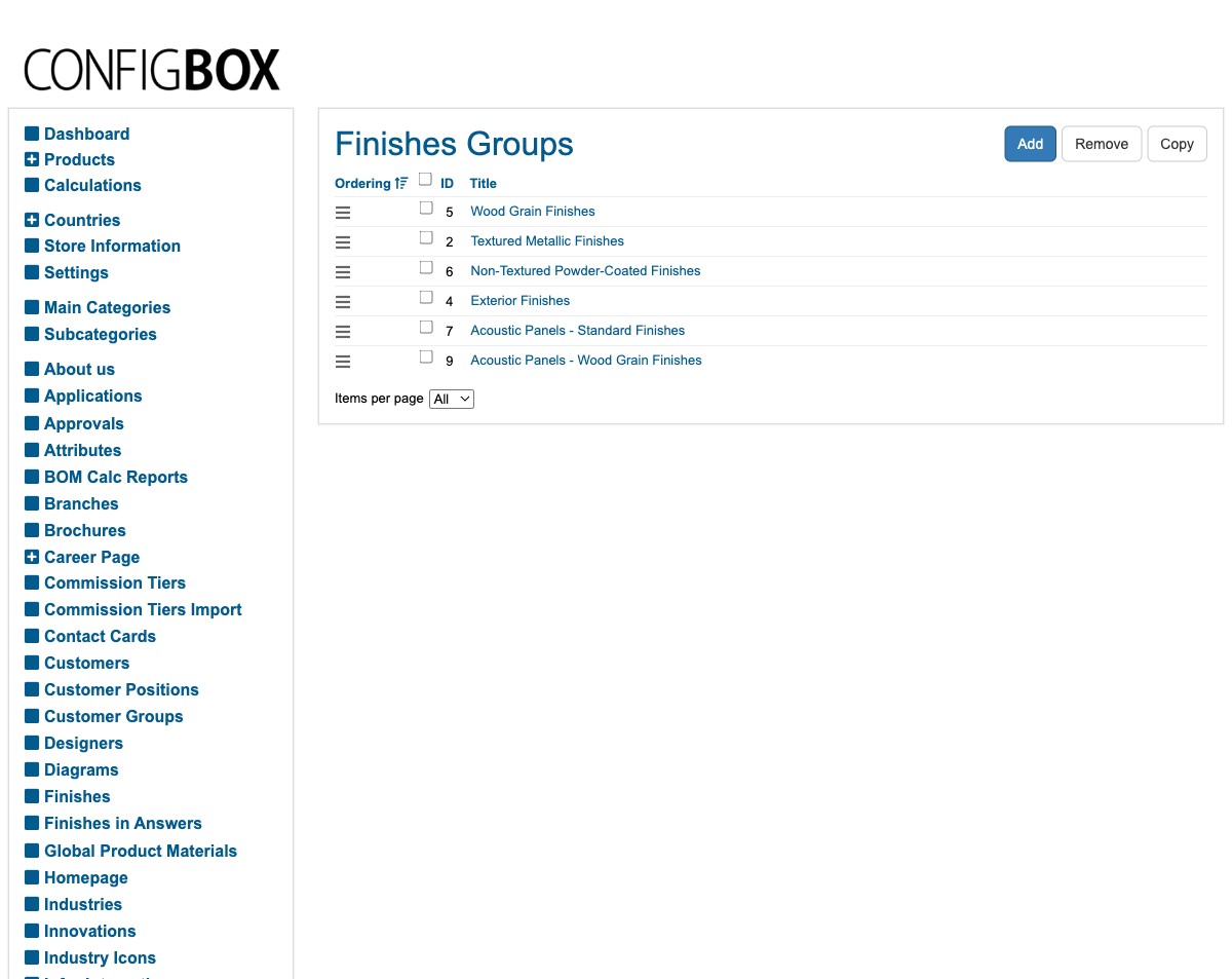 The Finishes Groups list, with drag handles to re-order