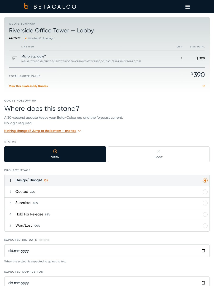 The follow-up landing page — quote summary, "Where does this stand?", the Open/Lost status buttons, the numbered project stages with their percentages, and the two date fields