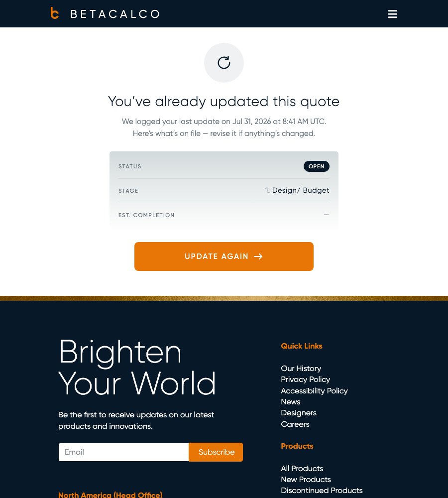 The recap an agent sees when they open the link again — what's on file, and an "Update again" button