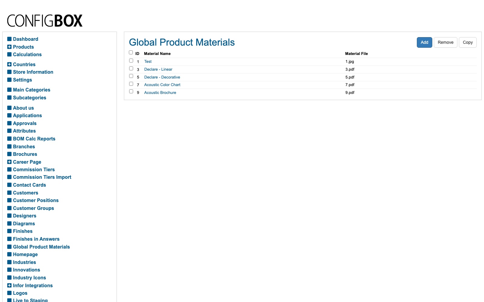 The Global Product Materials list — a short list of shared documents, each with a name and a file