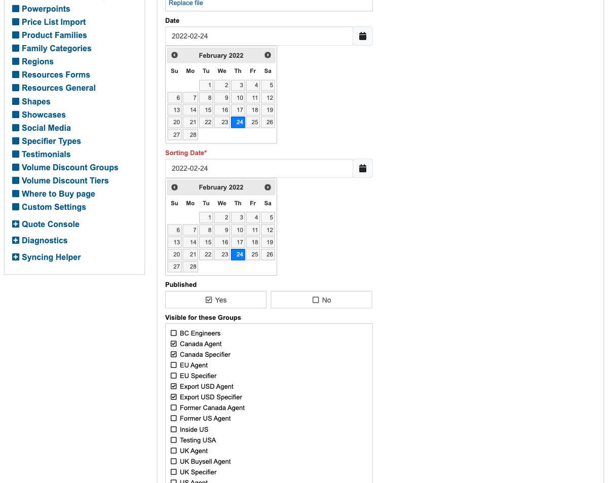 The Published switch and the Visible for these Groups checklist