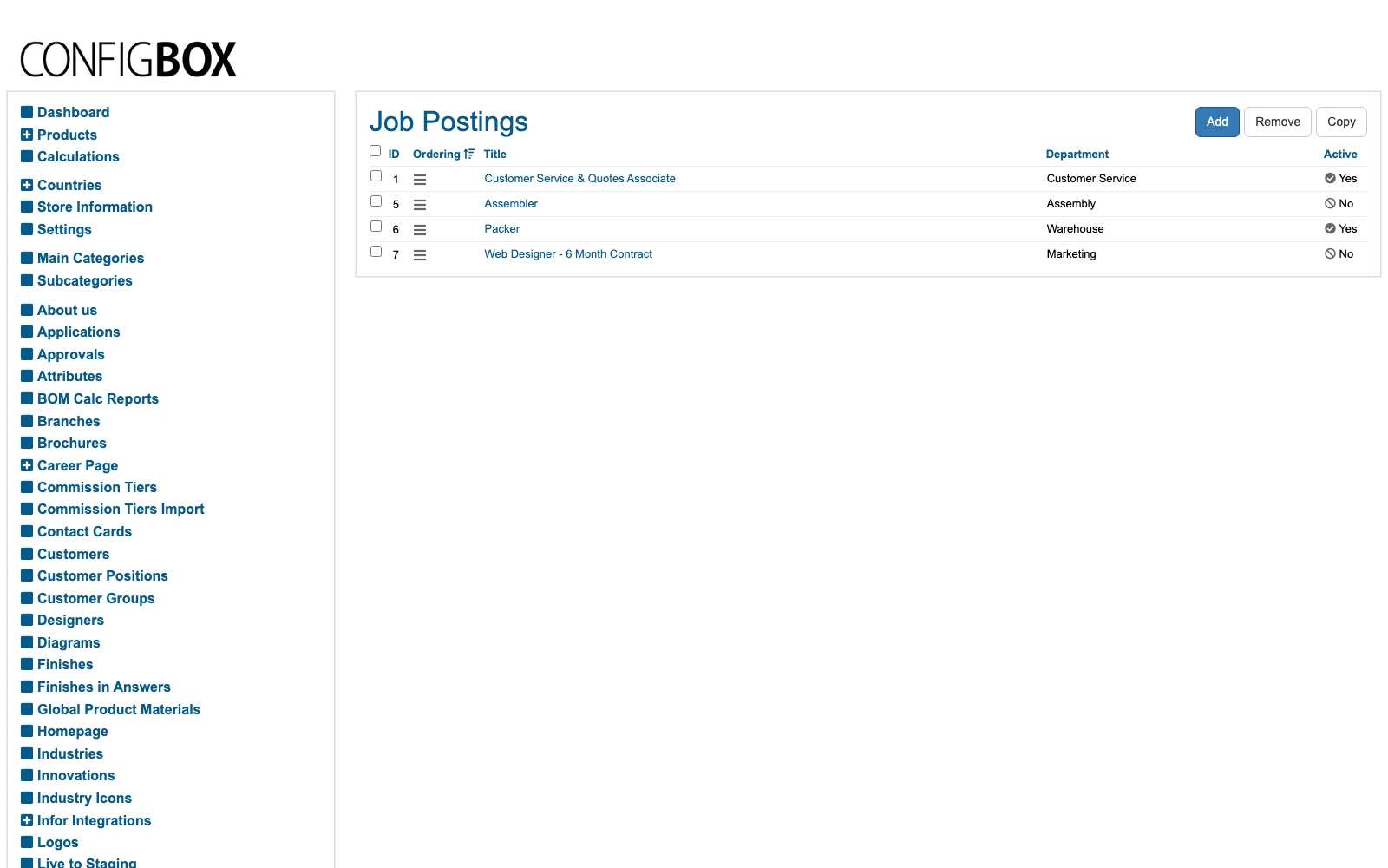 The Job Postings list — title, department, the drag handle for ordering, and the Active column