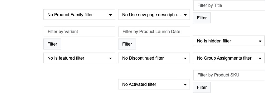 The filter controls at the top of the Products list — text boxes to type in, and "No … filter" dropdowns to choose from