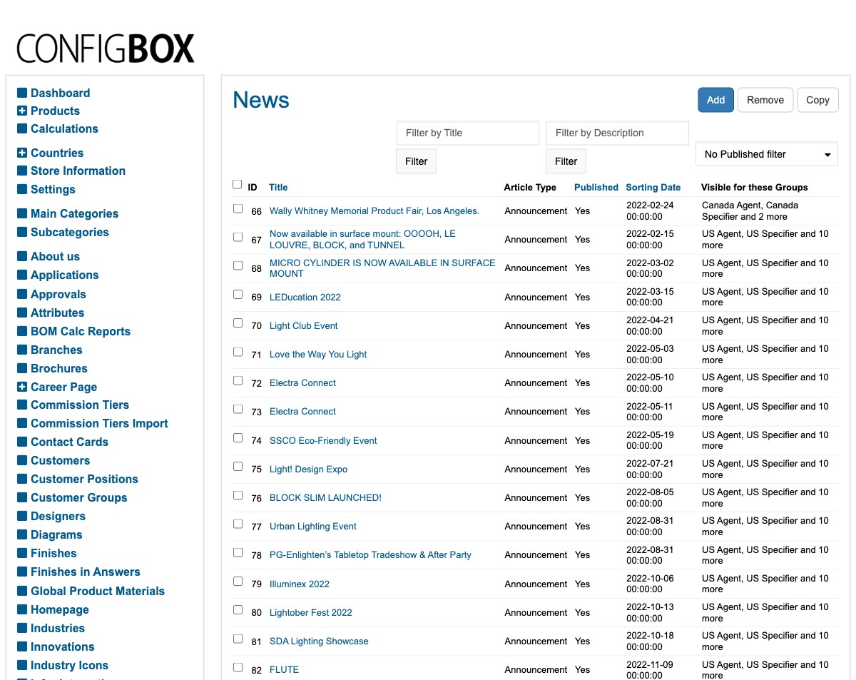 A list screen — the Add / Remove / Copy buttons top-right, the row of filters, and the table of items below