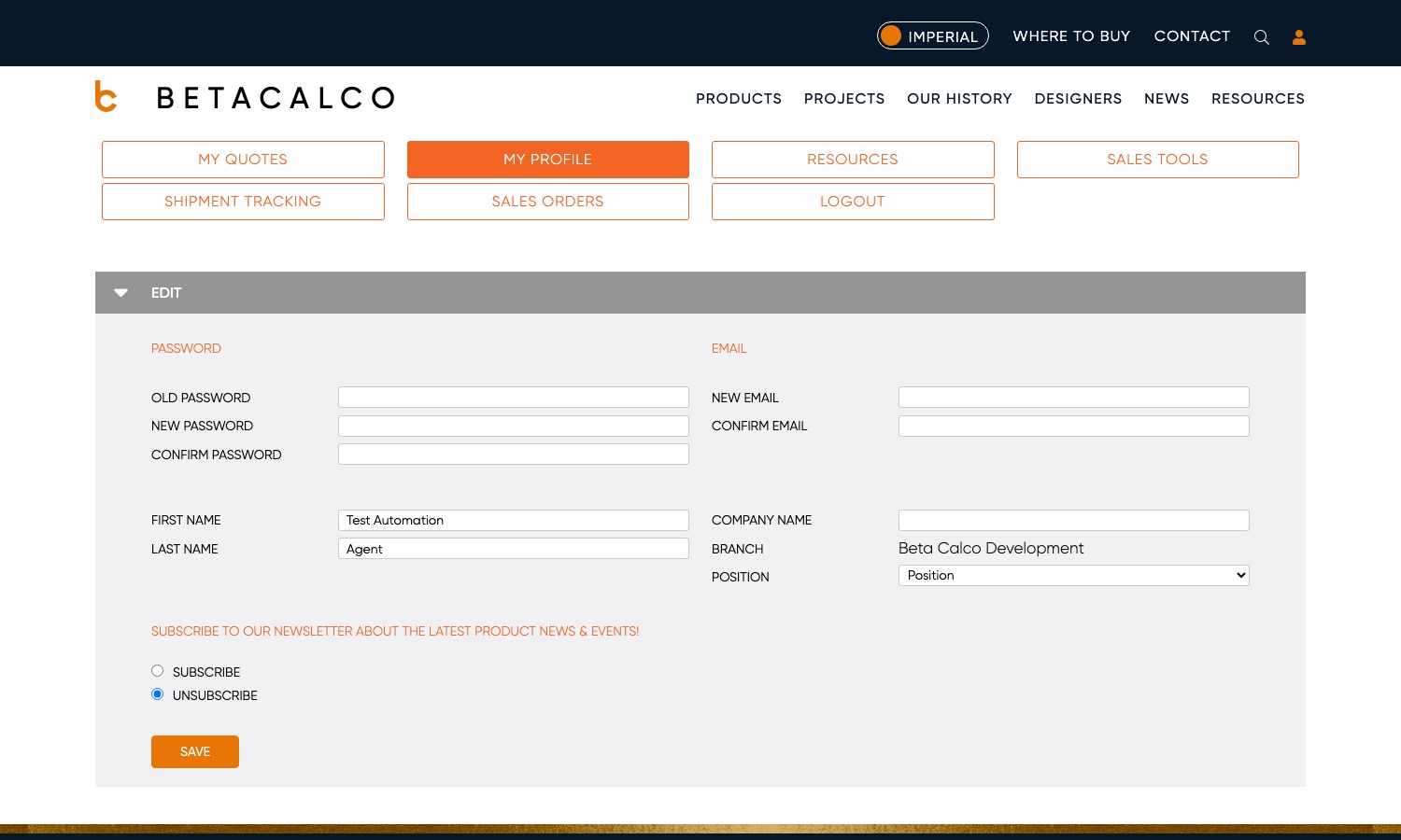 The My Profile form — password and email on the left and right, then name, company, branch and position