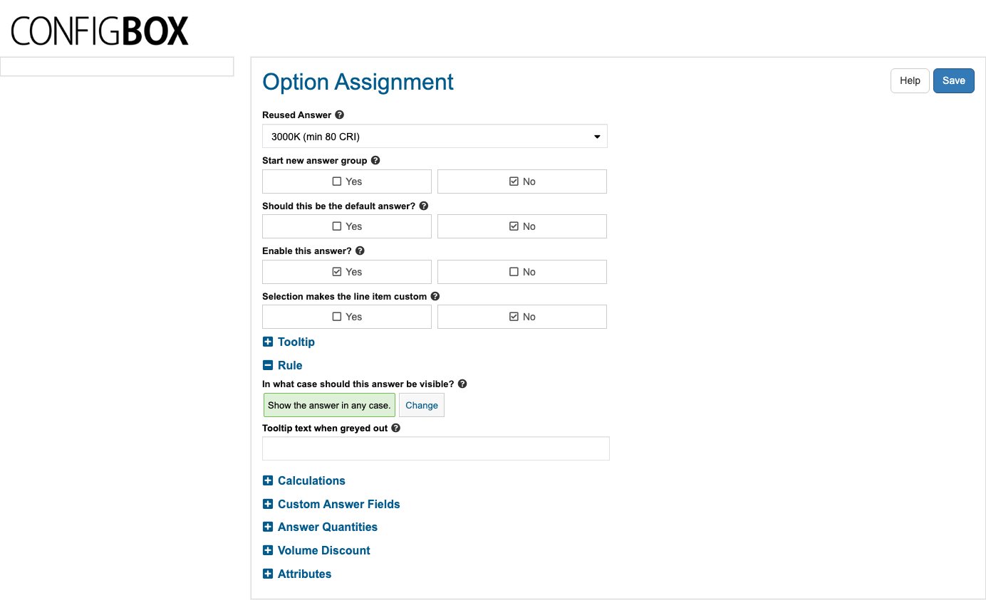 An Option Assignment with the Rule section open — the rule reads as a sentence, with a Change button beside it