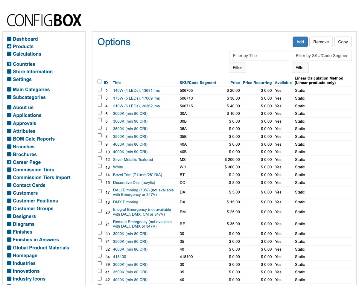 The Options list — each option has a Title, a SKU/Code Segment, and a Price