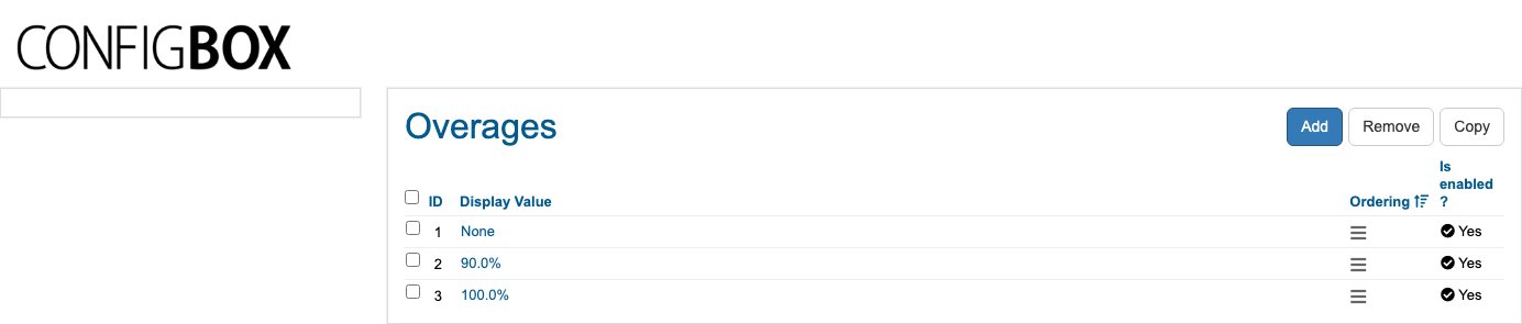 The Overages list — each value with its Is enabled? switch