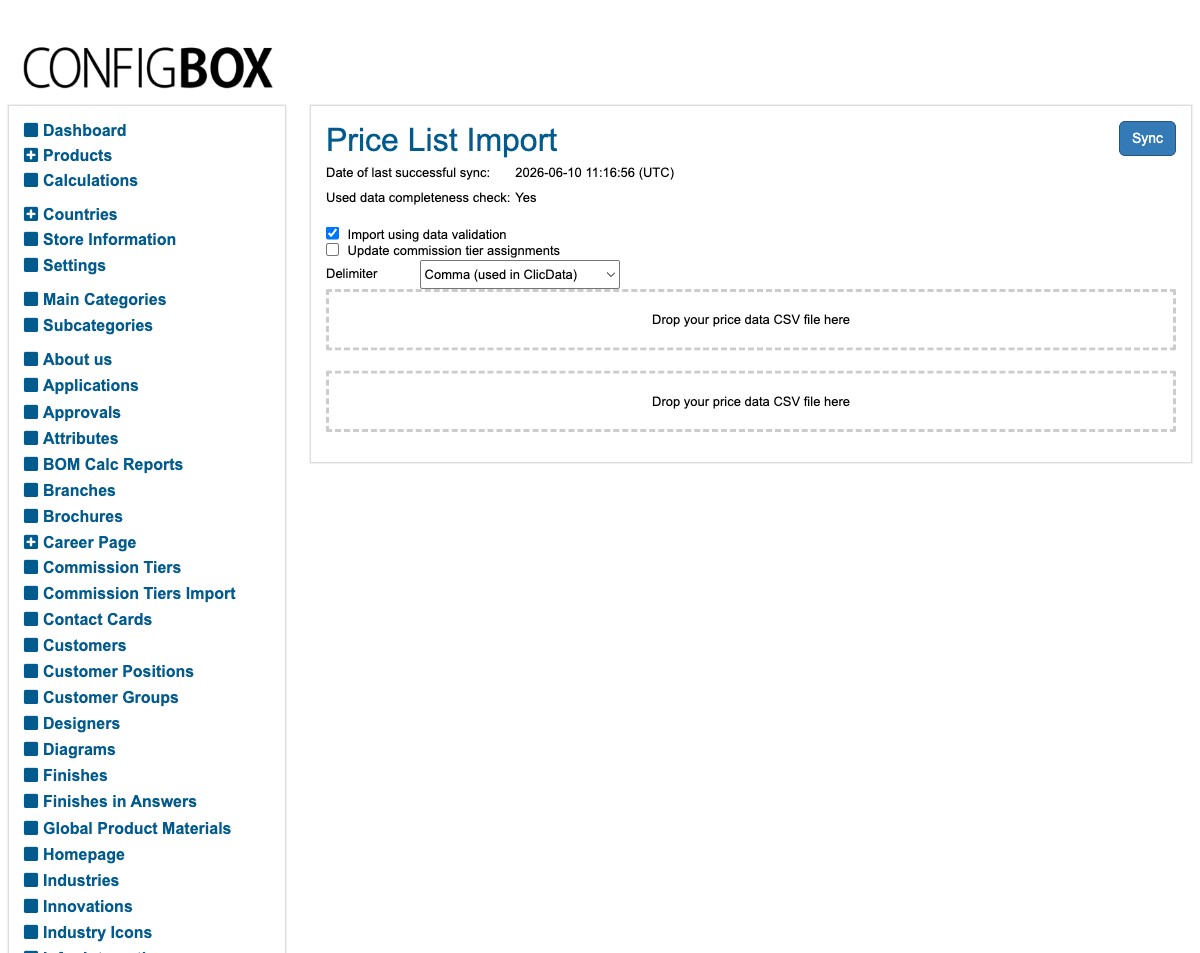 The Price List Import screen — last-sync date, the validation and commission options, the delimiter, and the drop zone