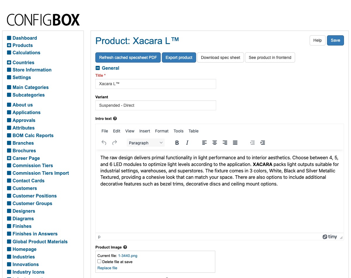 A product open for editing, with its action buttons and the General section