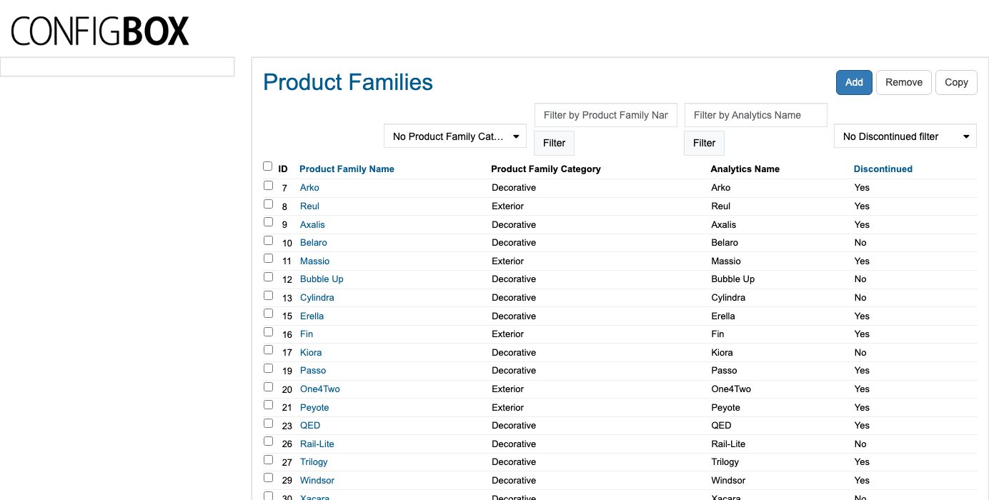 The Product Families list — name, category, and the Discontinued flag