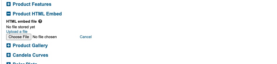 The Product HTML Embed section of the product form, opened — "No file stored yet" and an Upload a file link