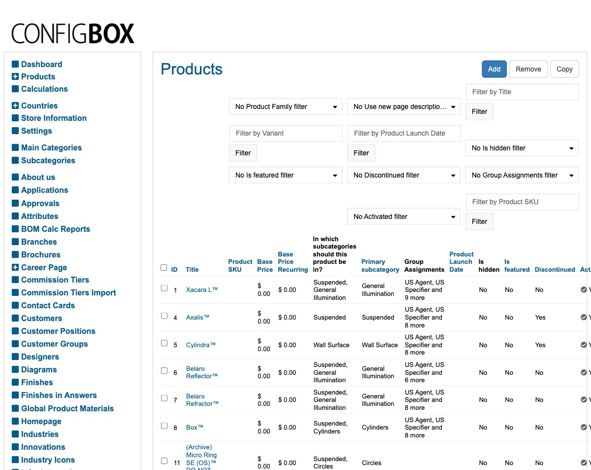 The Products list