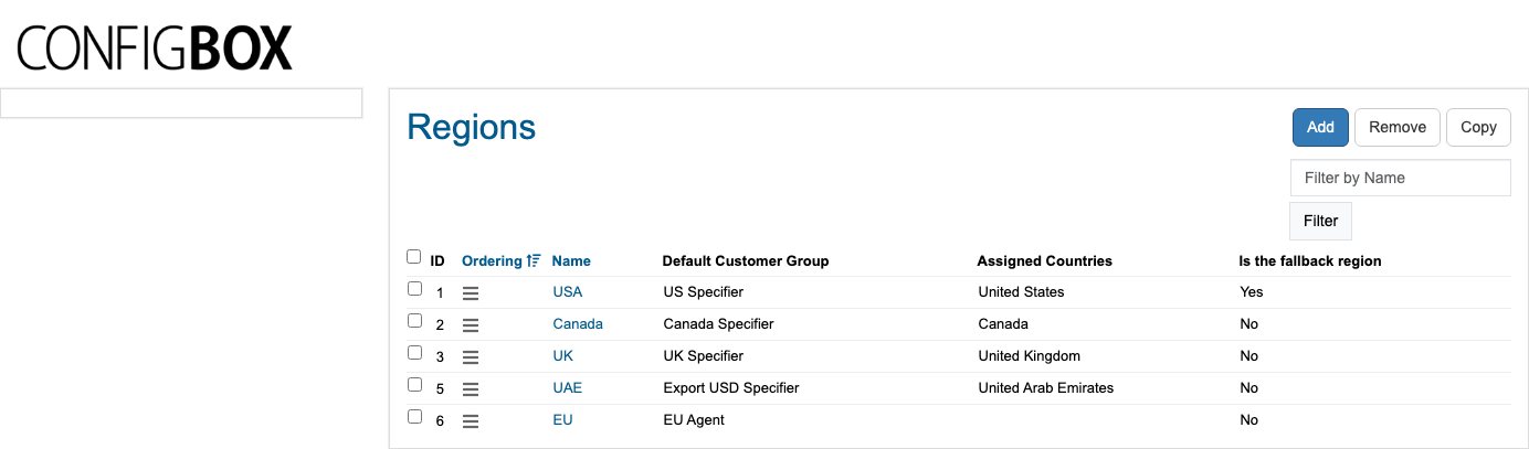 The Regions list — each region points at the customer group that carries its currency