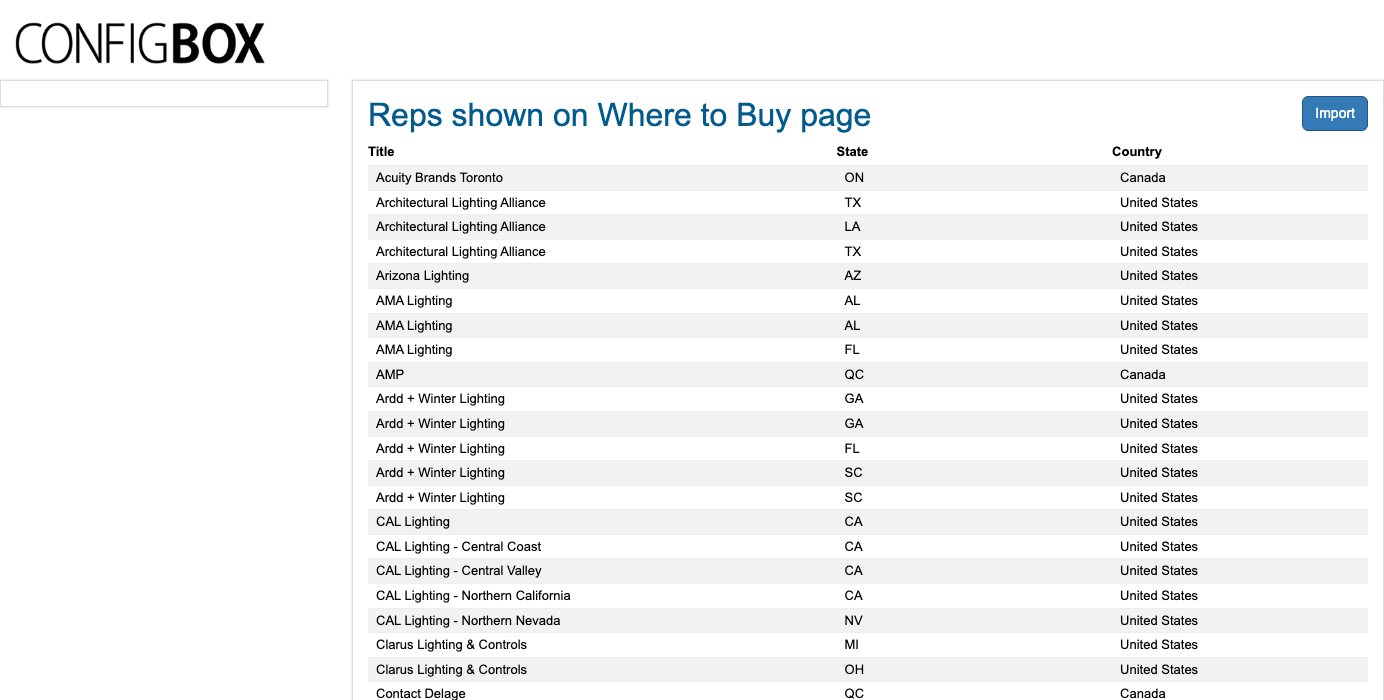 The Where to Buy screen — a read-out of the Rep Master sheet, with the Import button