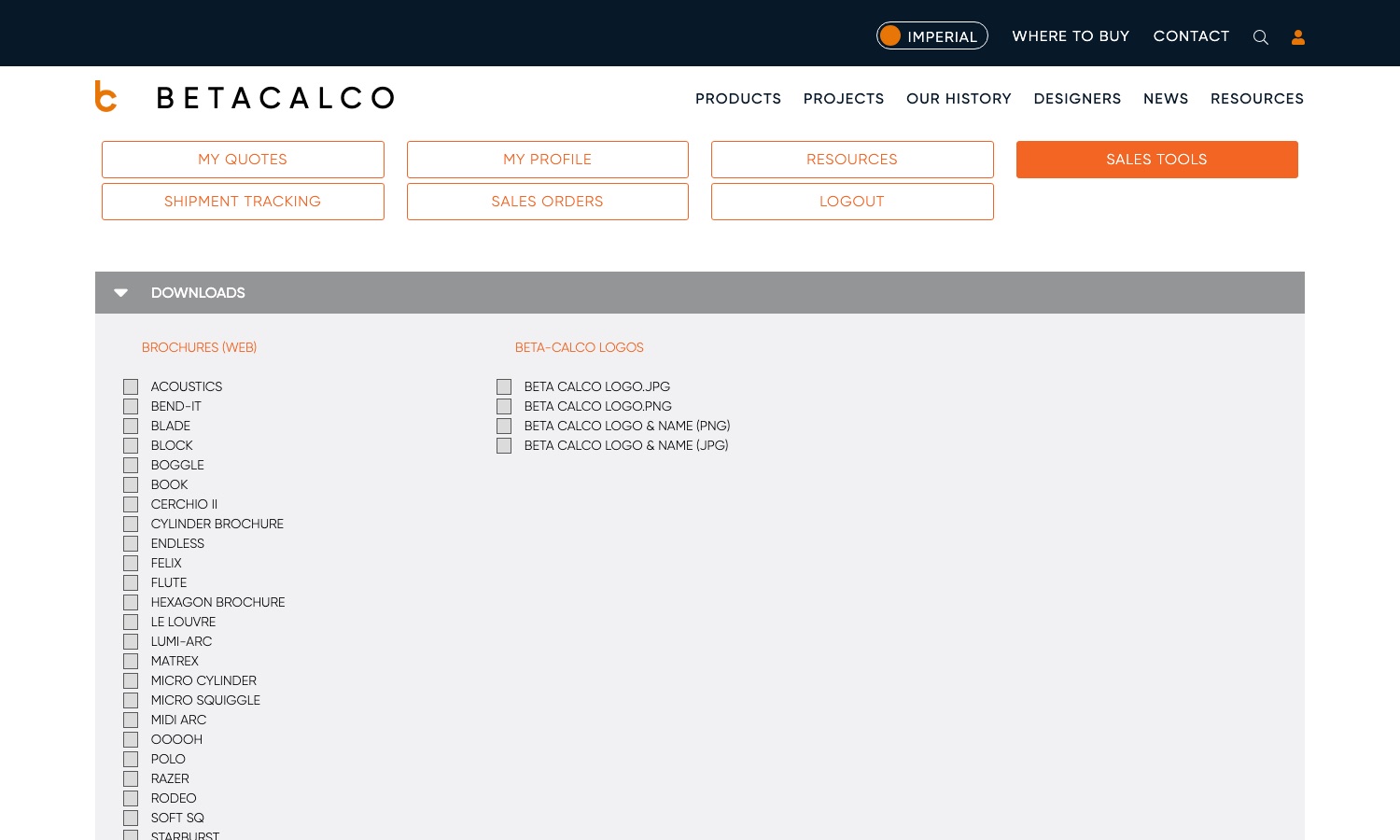 The Sales Tools downloads page — Brochures (Web) and Beta-Calco Logos, each item with a tick box