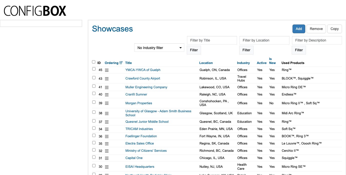 The Showcases list — title, location, industry and the products each project features