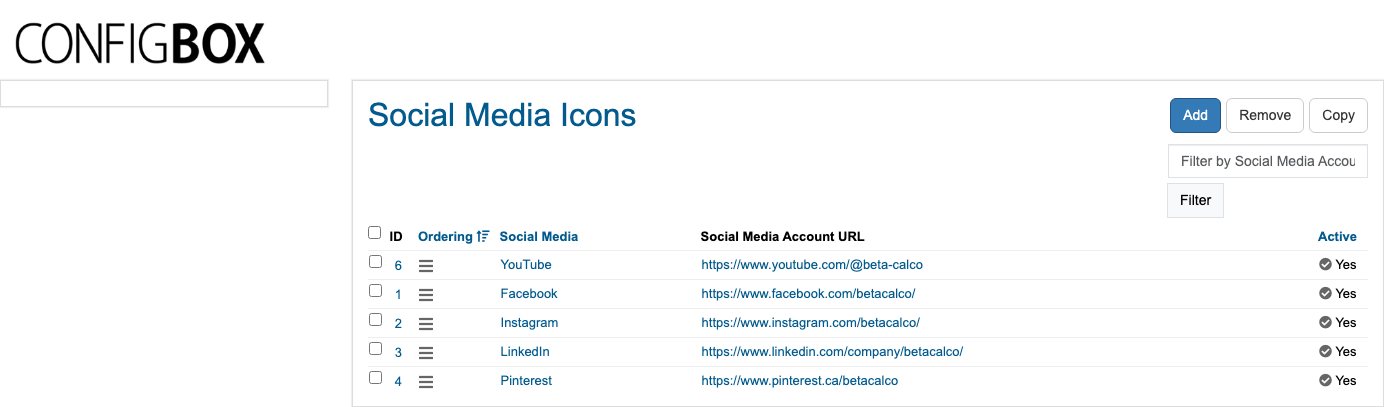 The Social Media list — one row per account, with its link and Active switch