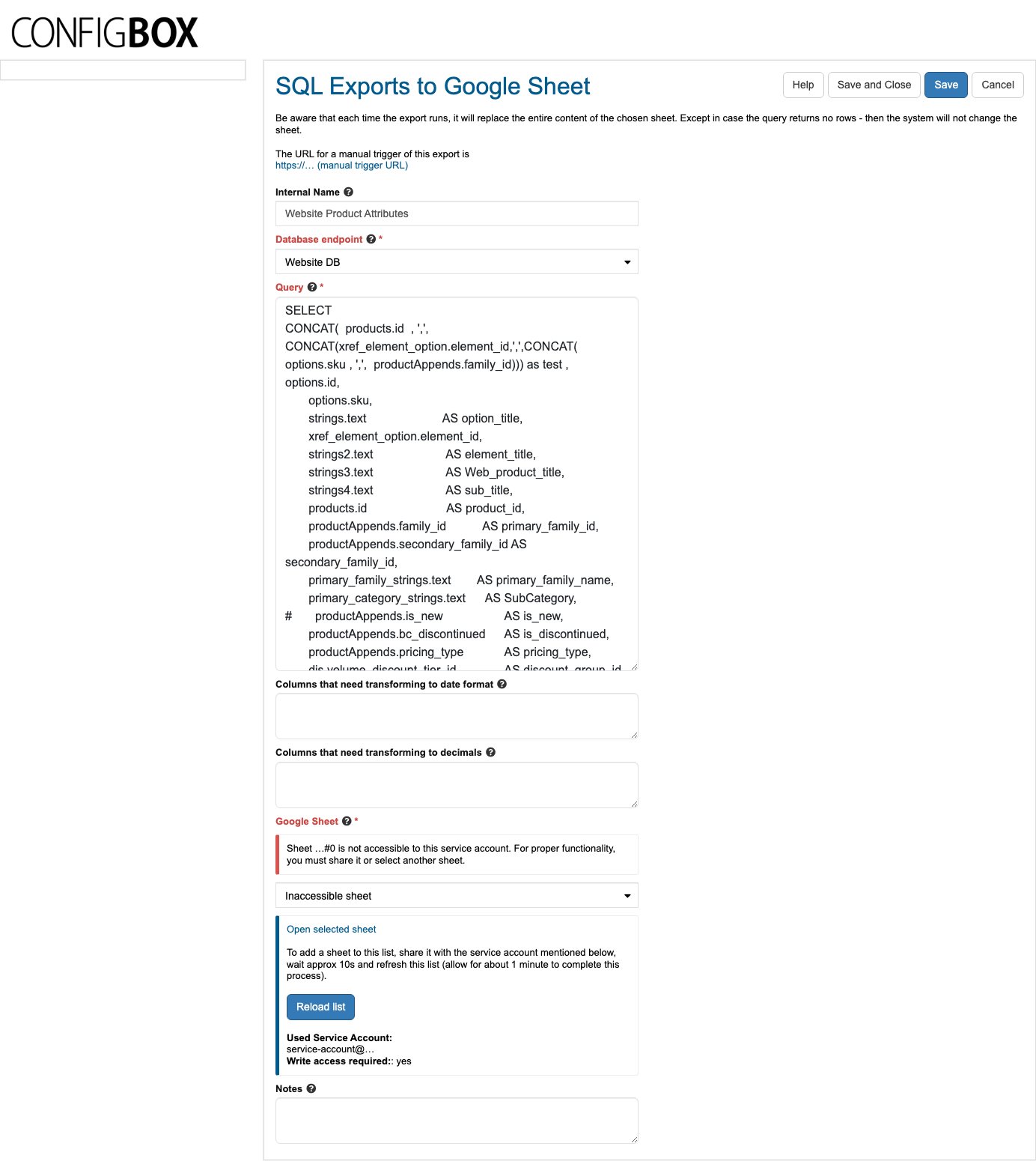 An export definition — endpoint, query, the date/decimal transform boxes, and the sheet picker showing an unshared sheet