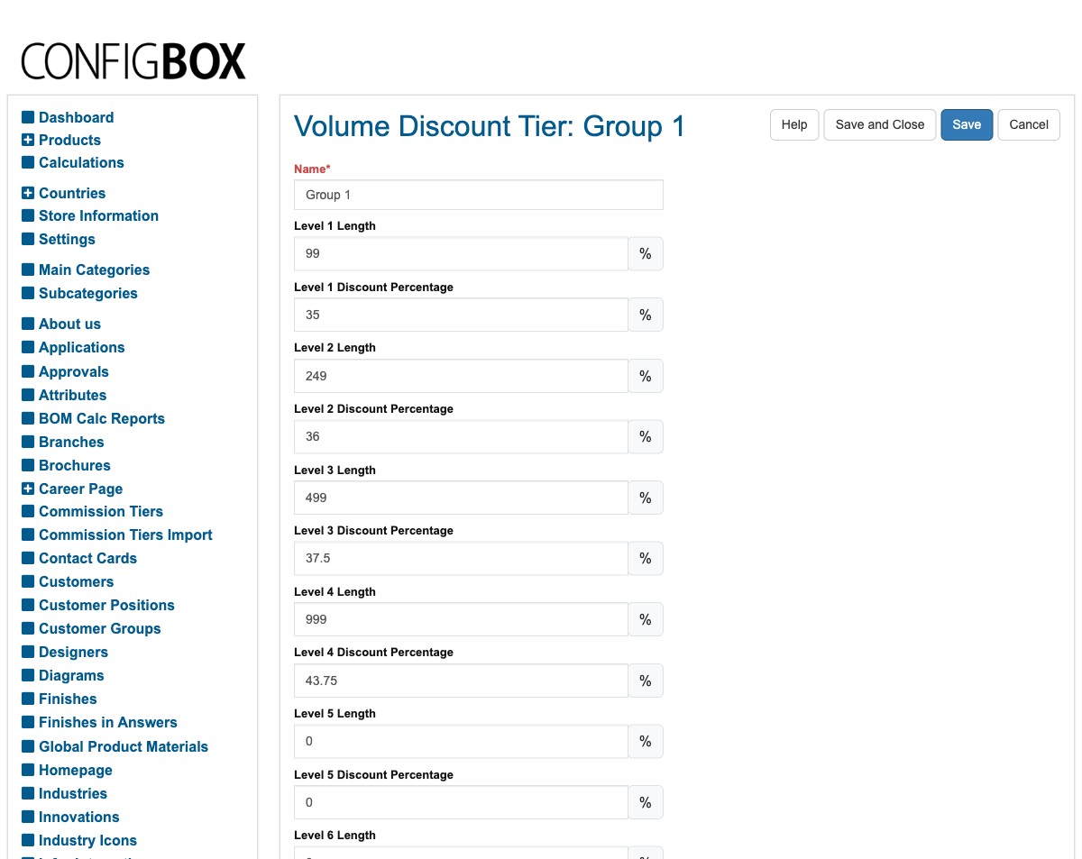 A volume-discount tier — each level has a Length threshold and a Discount Percentage